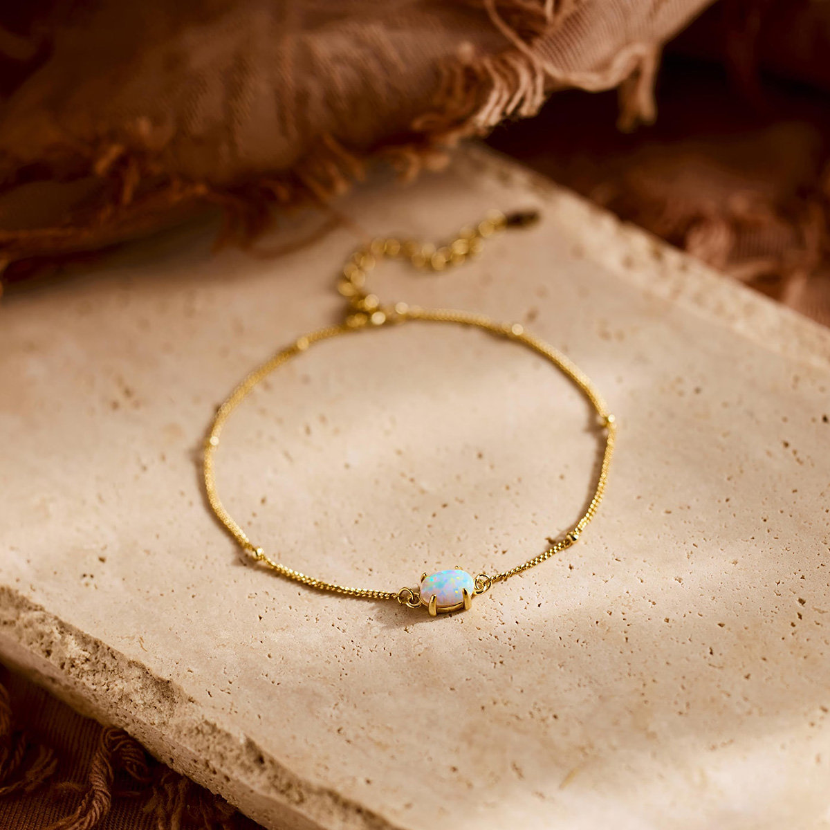 Dainty Oval Cut Opal 925 Sterling Silver Minimalist Beaded Chain Bracelet