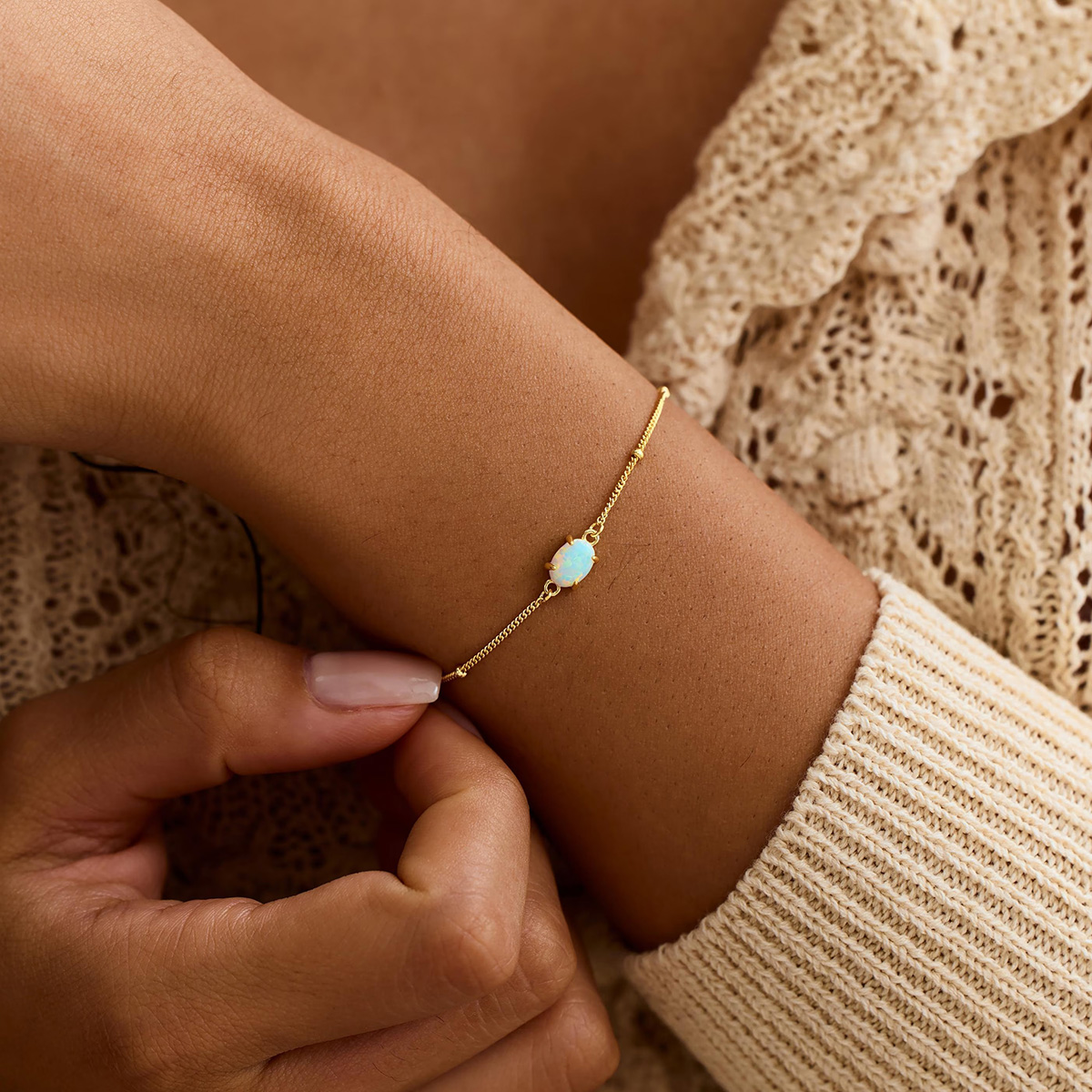 Dainty Oval Cut Opal 925 Sterling Silver Minimalist Beaded Chain Bracelet