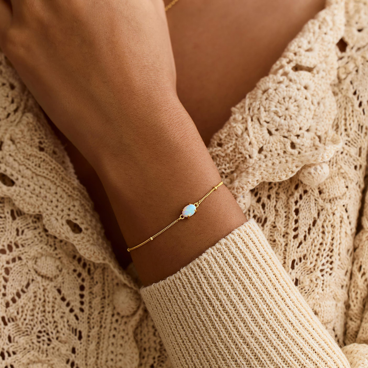 Dainty Oval Cut Opal 925 Sterling Silver Minimalist Beaded Chain Bracelet