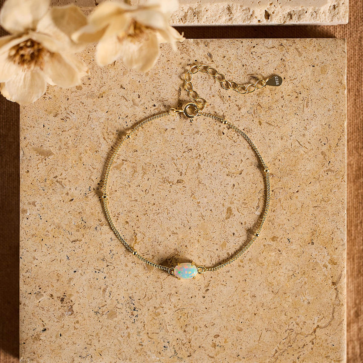 Dainty Oval Cut Opal 925 Sterling Silver Minimalist Beaded Chain Bracelet