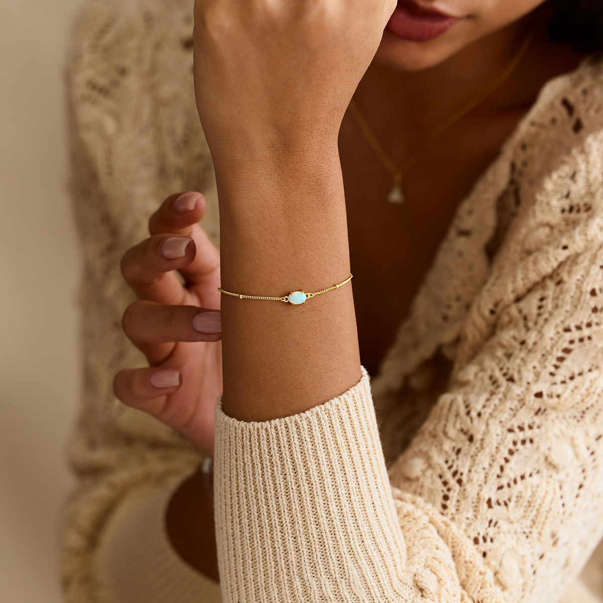 Dainty Oval Cut Opal 925 Sterling Silver Minimalist Beaded Chain Bracelet
