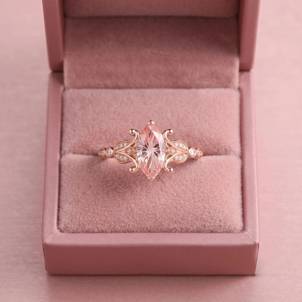 Marquise Cut Morganite Sterling Silver Vintage Floral Engagement Ring