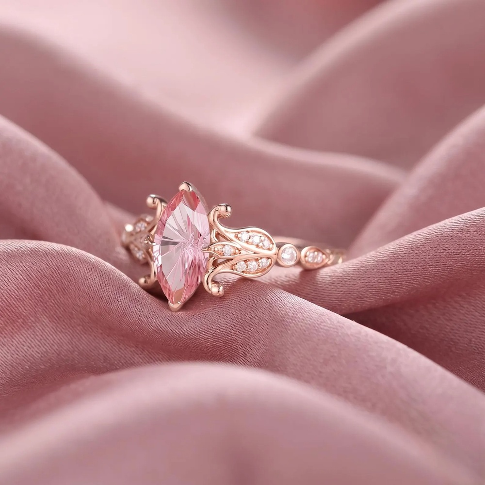Marquise Cut Morganite Sterling Silver Vintage Floral Engagement Ring