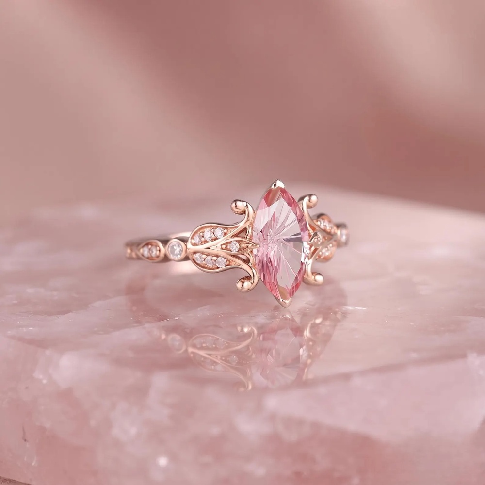 Marquise Cut Morganite Sterling Silver Vintage Floral Engagement Ring