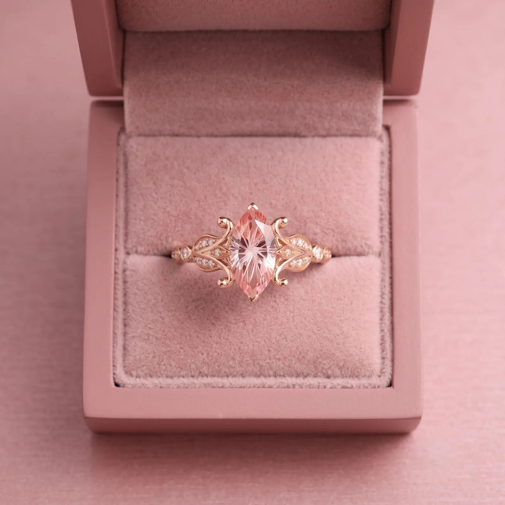 Marquise Cut Morganite Sterling Silver Vintage Floral Engagement Ring