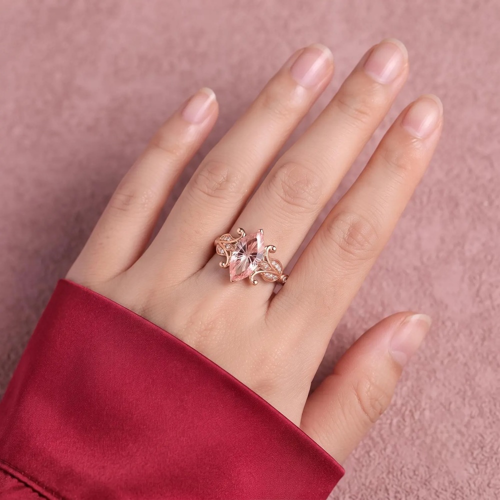 Marquise Cut Morganite Sterling Silver Vintage Floral Engagement Ring