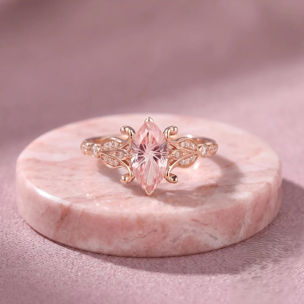 Marquise Cut Morganite Sterling Silver Vintage Floral Engagement Ring