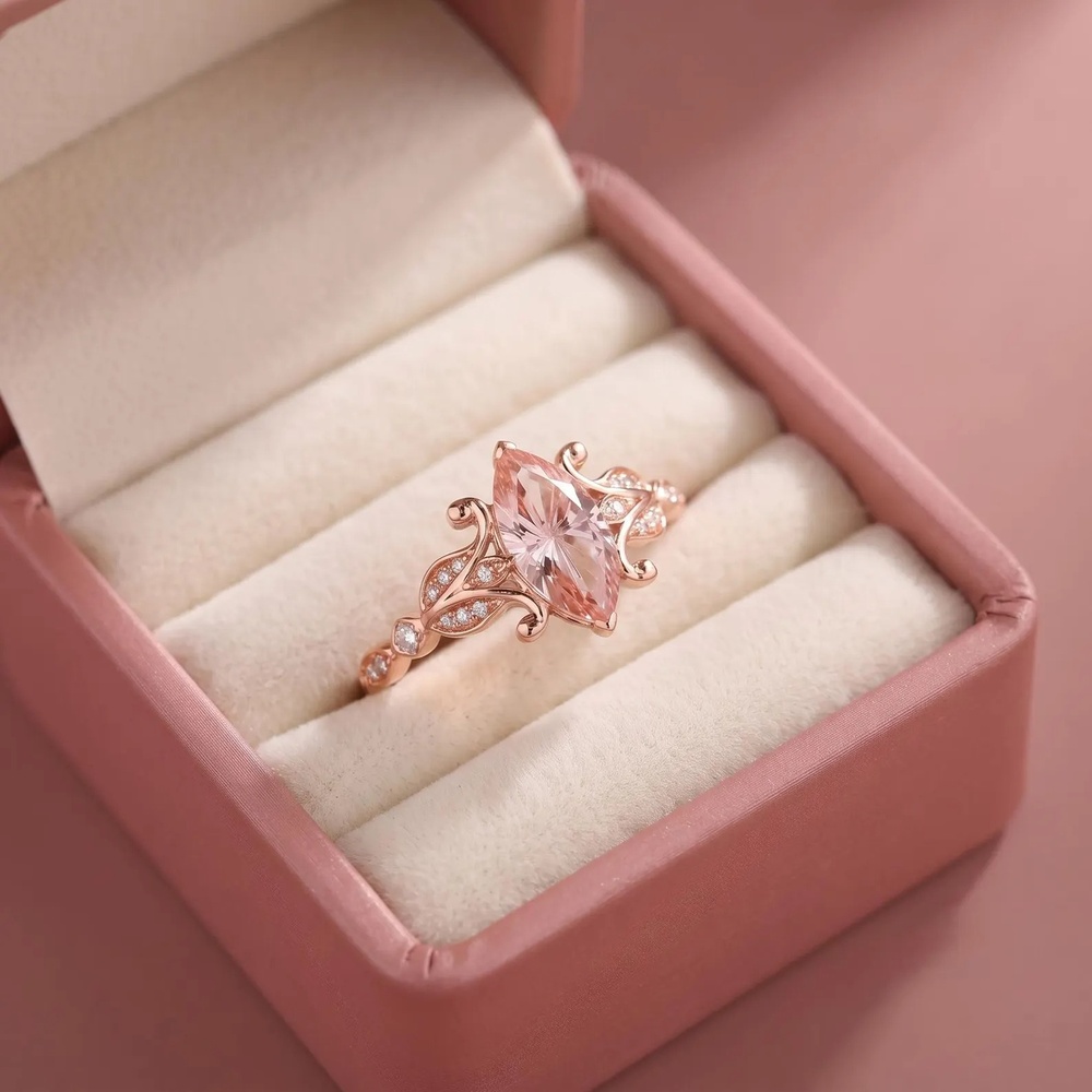 Marquise Cut Morganite Sterling Silver Vintage Floral Engagement Ring
