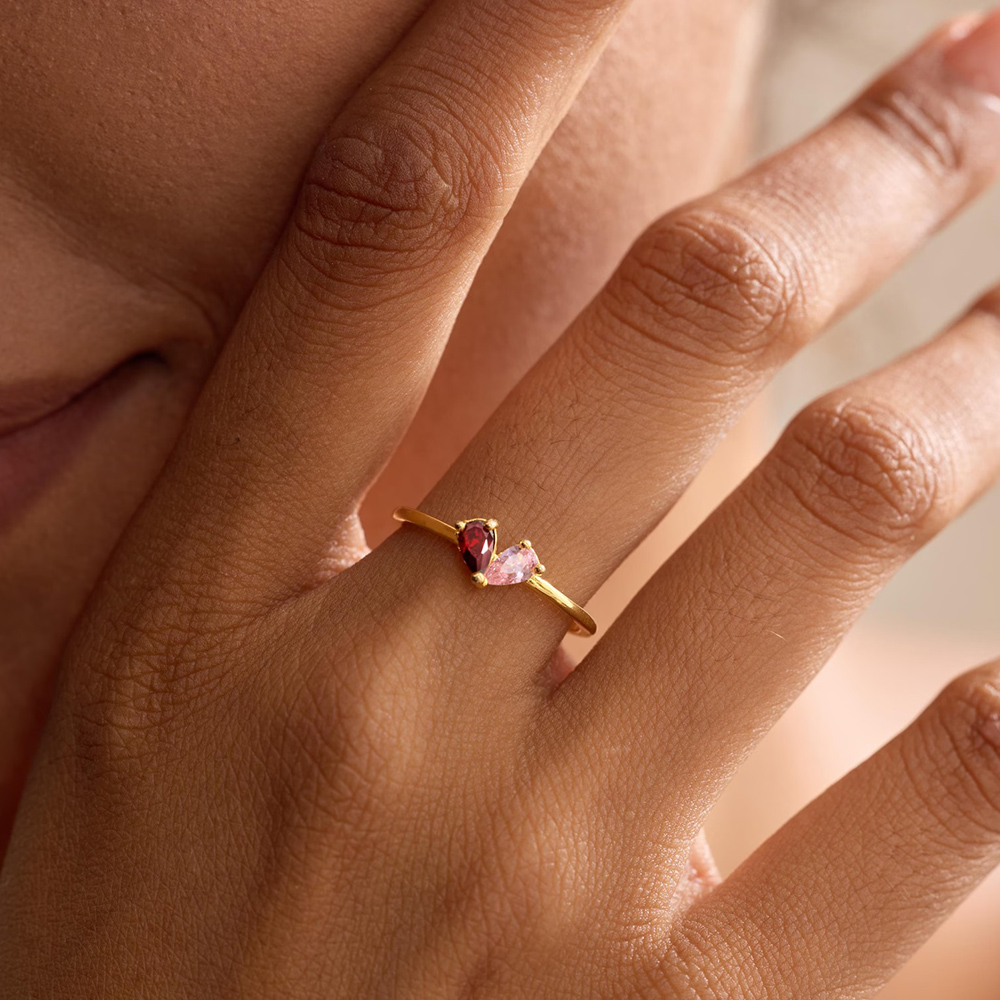 Personalized Heart Birthstone Ring Dainty Toi et Moi Couples Promise Ring for Women