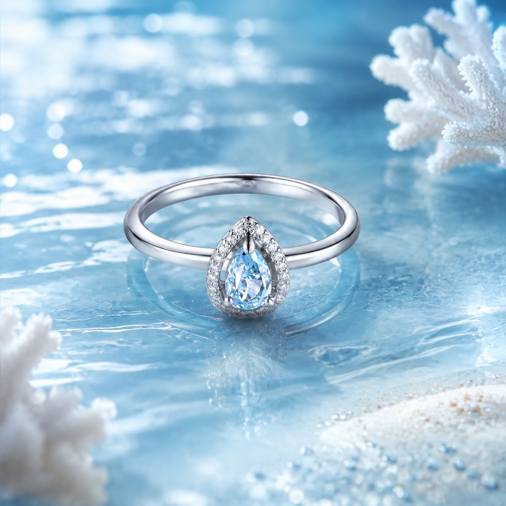 Pear Cut Aquamarine Blue 925 Sterling Silver Halo Engagement Ring