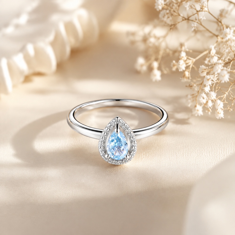Pear Cut Aquamarine Blue 925 Sterling Silver Halo Engagement Ring