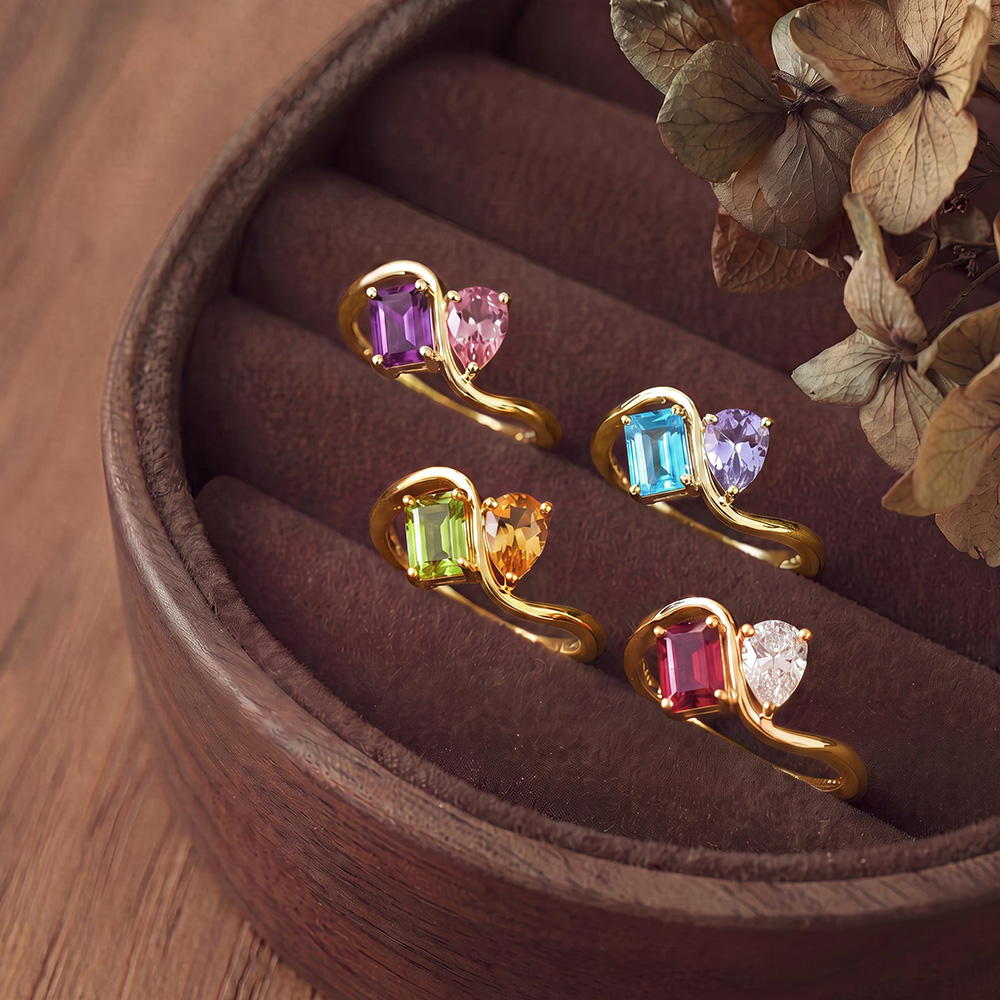 Personalized Twin Birthstone Ring 925 Sterling Silver Toi Et Moi Couple Ring Gift for Her