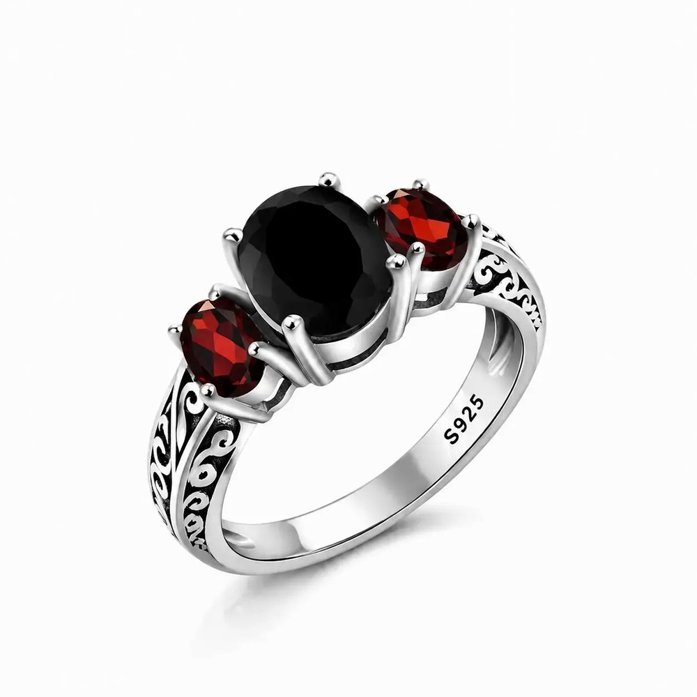 Vintage Oval Cut Black Stone Sterling Silver Dark Romance Three Stone Statement Ring