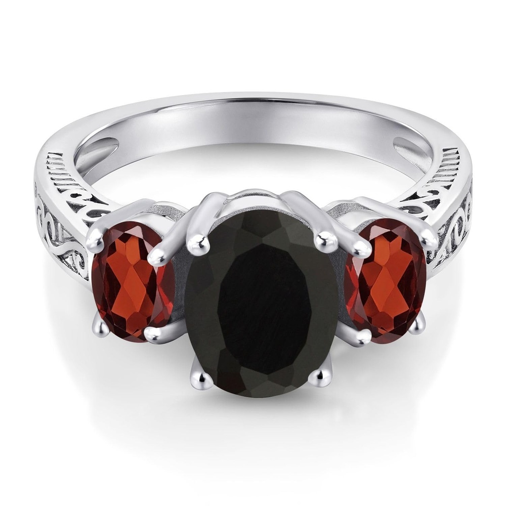 Vintage Oval Cut Black Stone Sterling Silver Dark Romance Three Stone Statement Ring