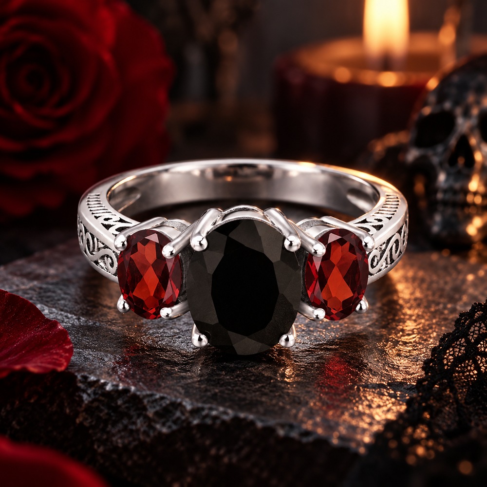 Vintage Oval Cut Black Stone Sterling Silver Dark Romance Three Stone Statement Ring