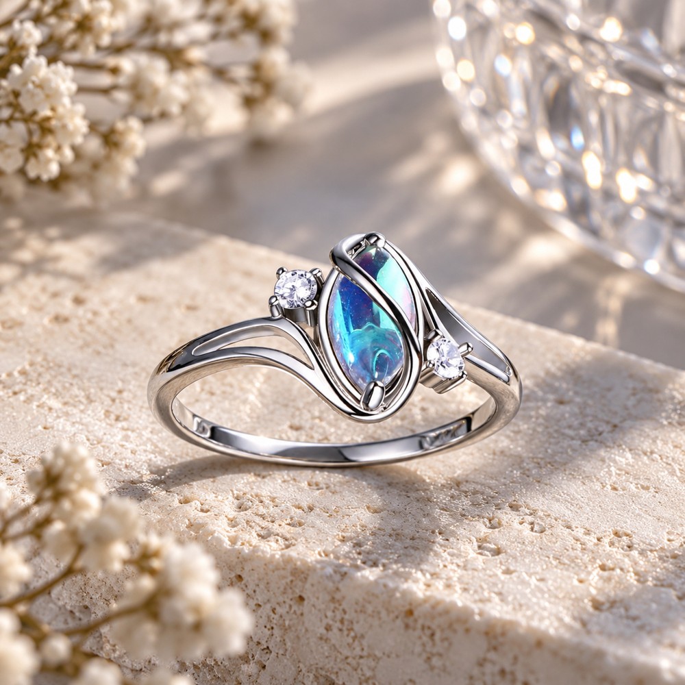 Marquise Cut Moonstone Sterling Silver Romantic 3-Stone Engagement Ring