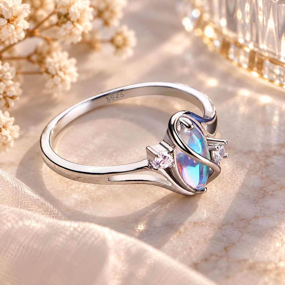 Marquise Cut Moonstone Sterling Silver Romantic 3-Stone Engagement Ring