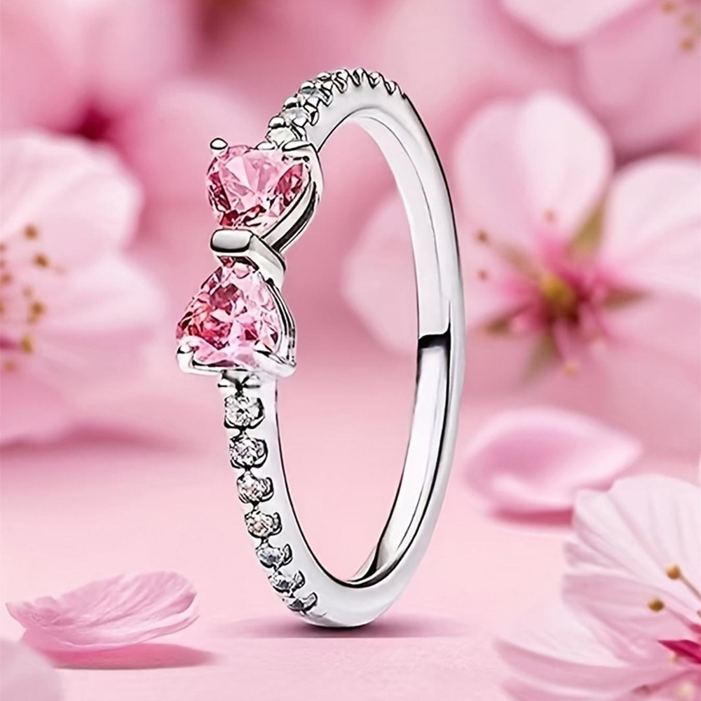 Heart Cut Fancy Pink 925 Sterling Silver Bow Knot Pave Engagement Ring Valentines Day Gift