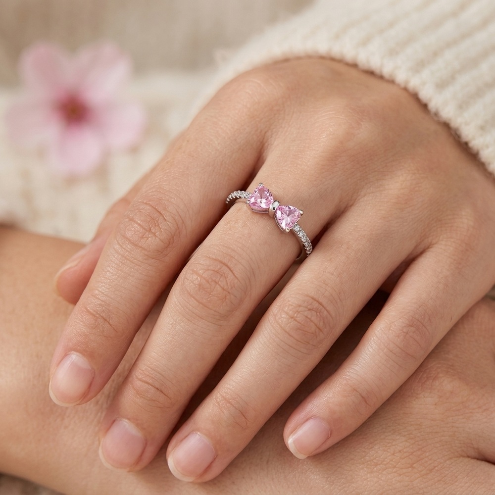 Heart Cut Fancy Pink 925 Sterling Silver Bow Knot Pave Engagement Ring Valentines Day Gift