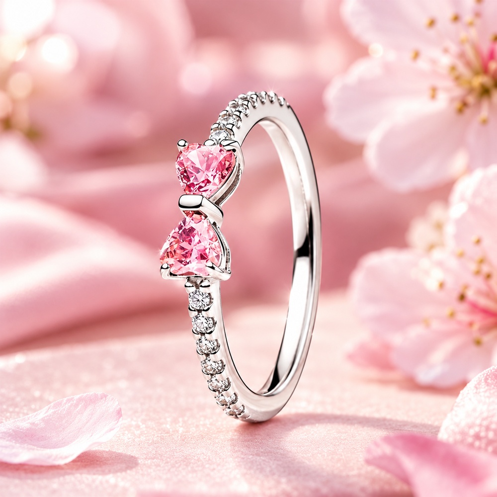 Heart Cut Fancy Pink 925 Sterling Silver Bow Knot Pave Engagement Ring Valentines Day Gift