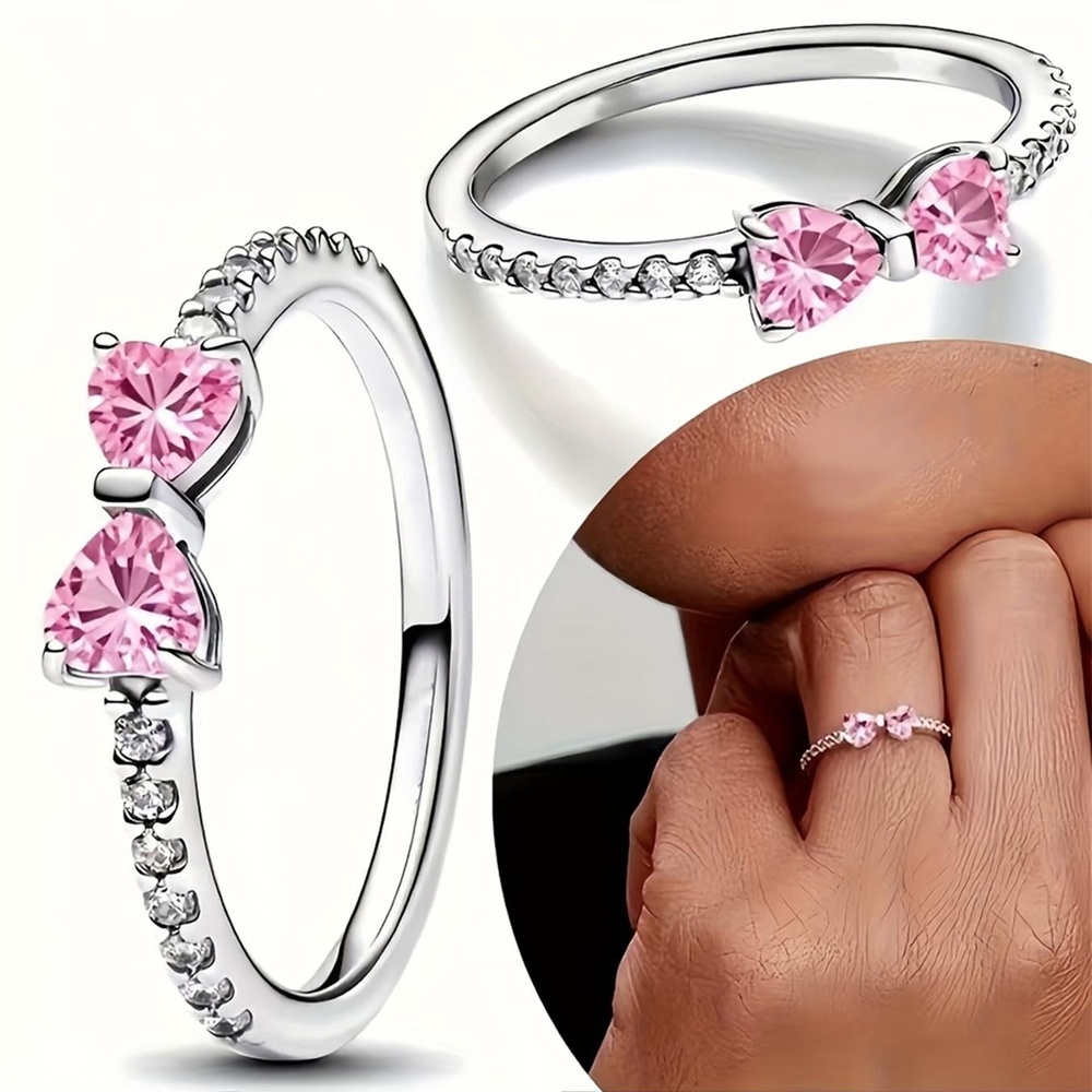 Heart Cut Fancy Pink 925 Sterling Silver Bow Knot Pave Engagement Ring Valentines Day Gift