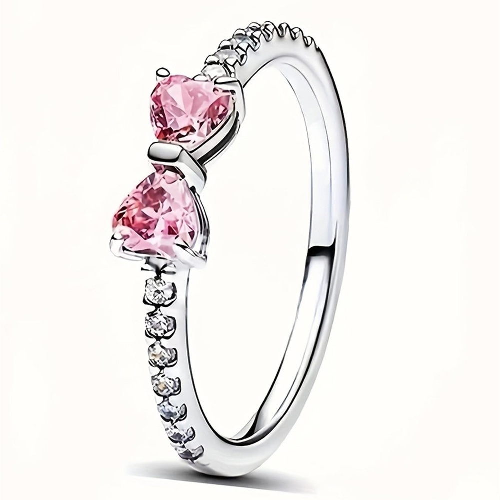 Heart Cut Fancy Pink 925 Sterling Silver Bow Knot Pave Engagement Ring Valentines Day Gift