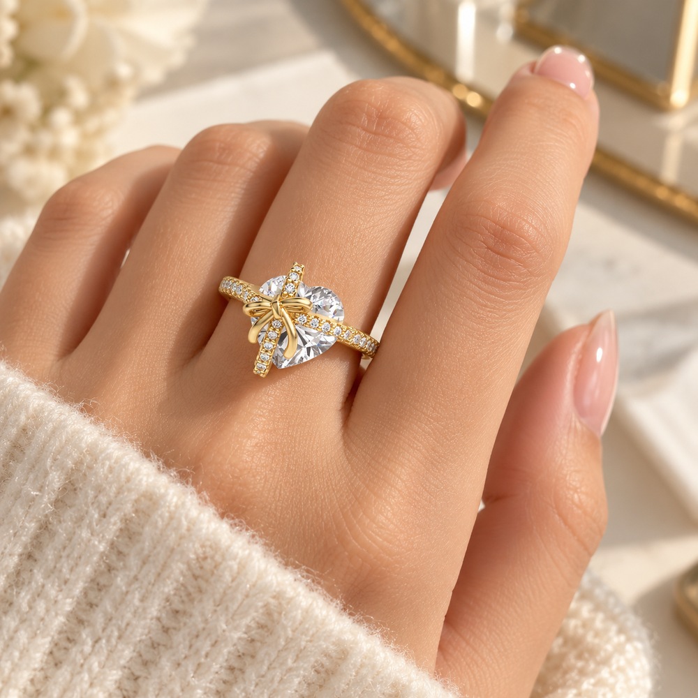 Heart Cut Diamond White 925 Sterling Silver Bow Knot Engagement Ring