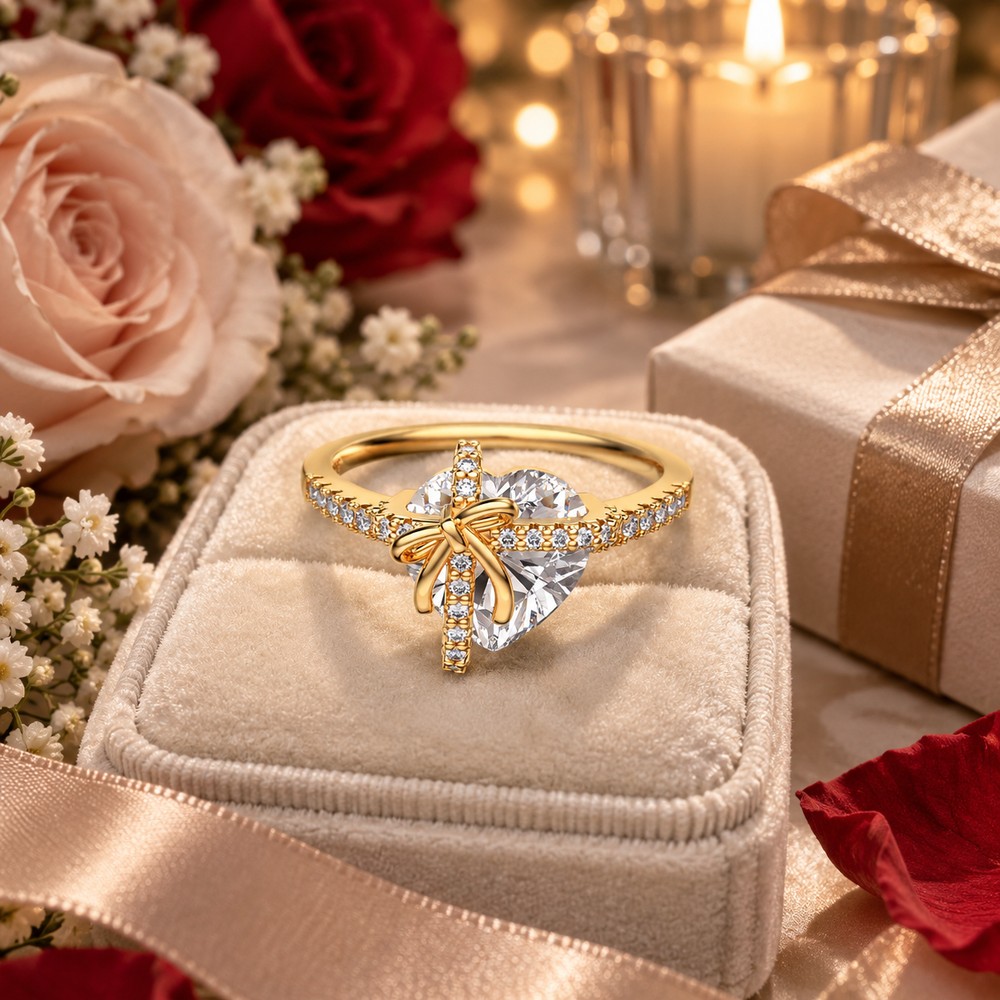 Heart Cut Diamond White 925 Sterling Silver Bow Knot Engagement Ring