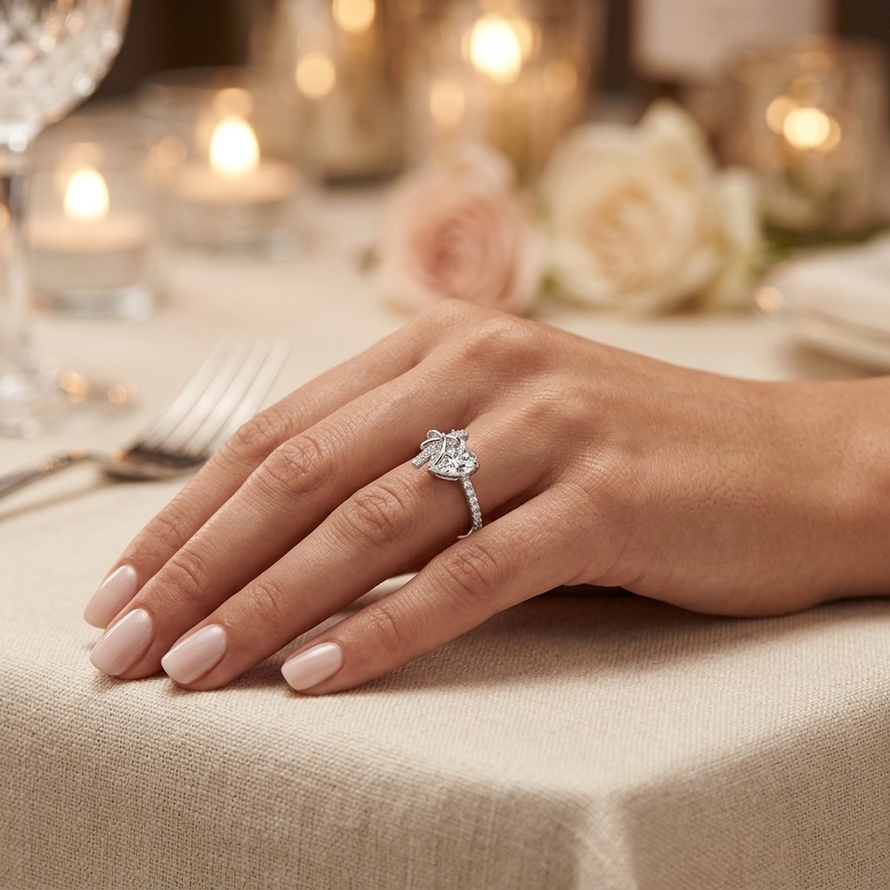 Heart Cut Diamond White 925 Sterling Silver Bow Knot Engagement Ring