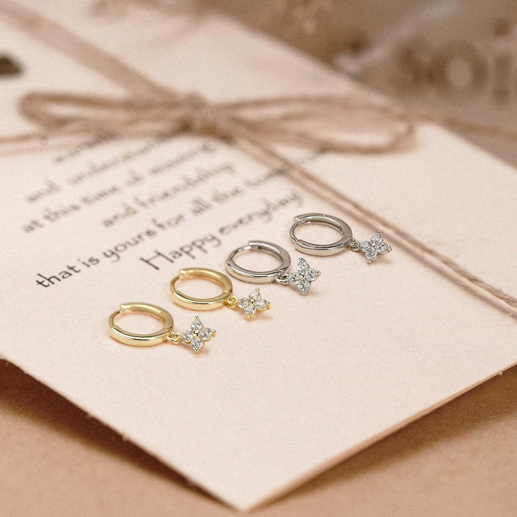 Minimalist Flower Huggie Hoop Earrings 925 Sterling Silver Diamond White Drop Earrings