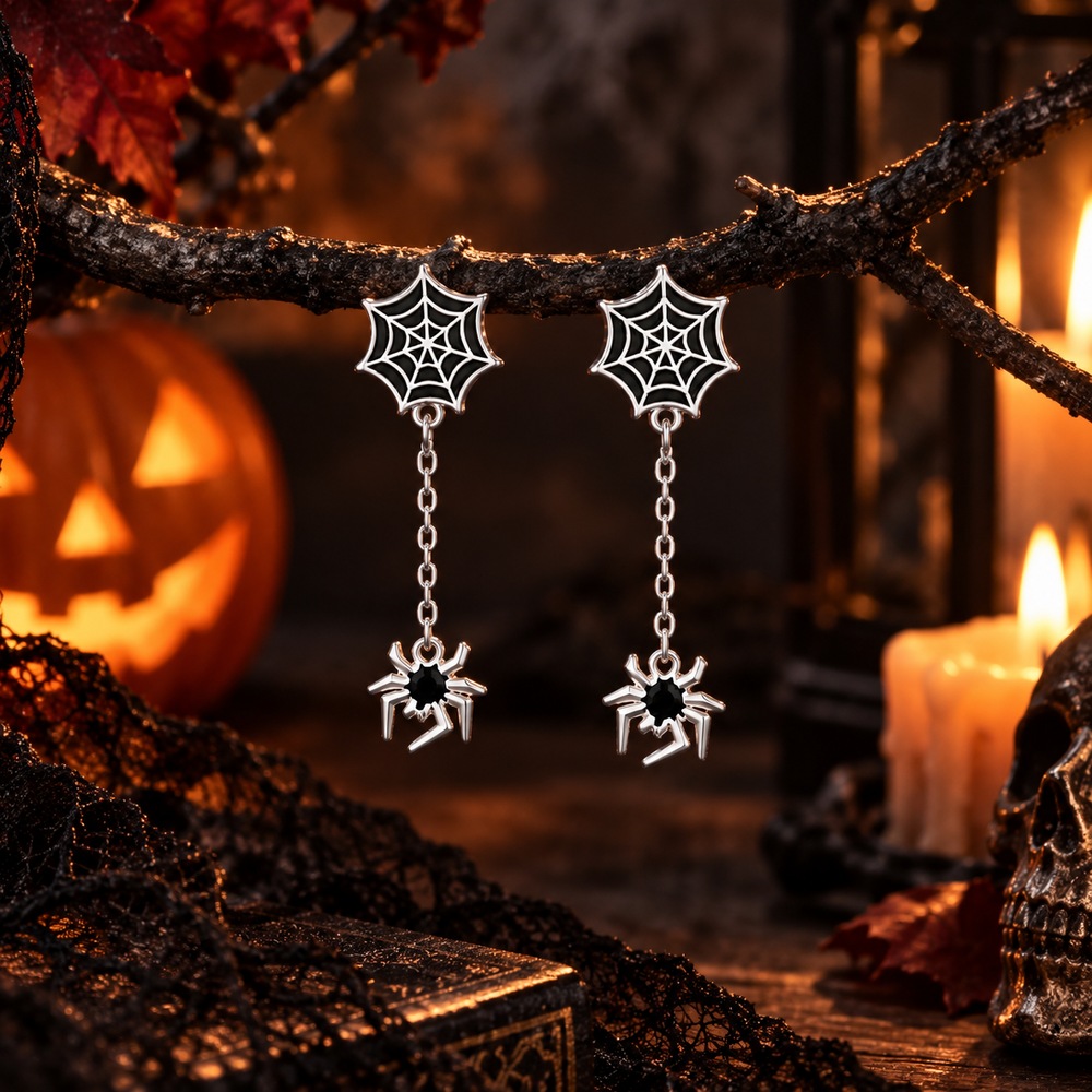 Spider Web 925 Sterling Silver Drop Earrings Gothic Halloween Jewelry for Women