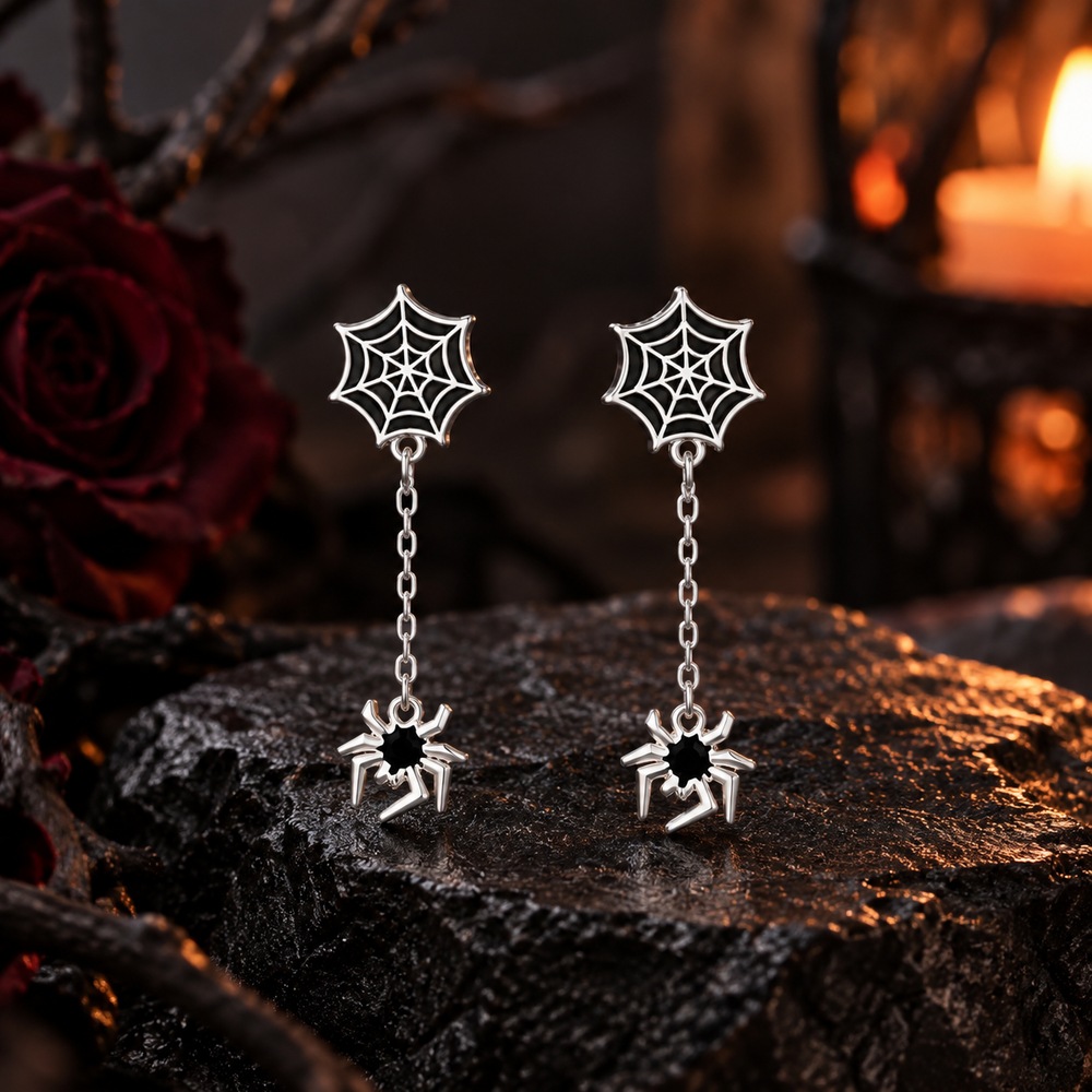 Spider Web 925 Sterling Silver Drop Earrings Gothic Halloween Jewelry for Women
