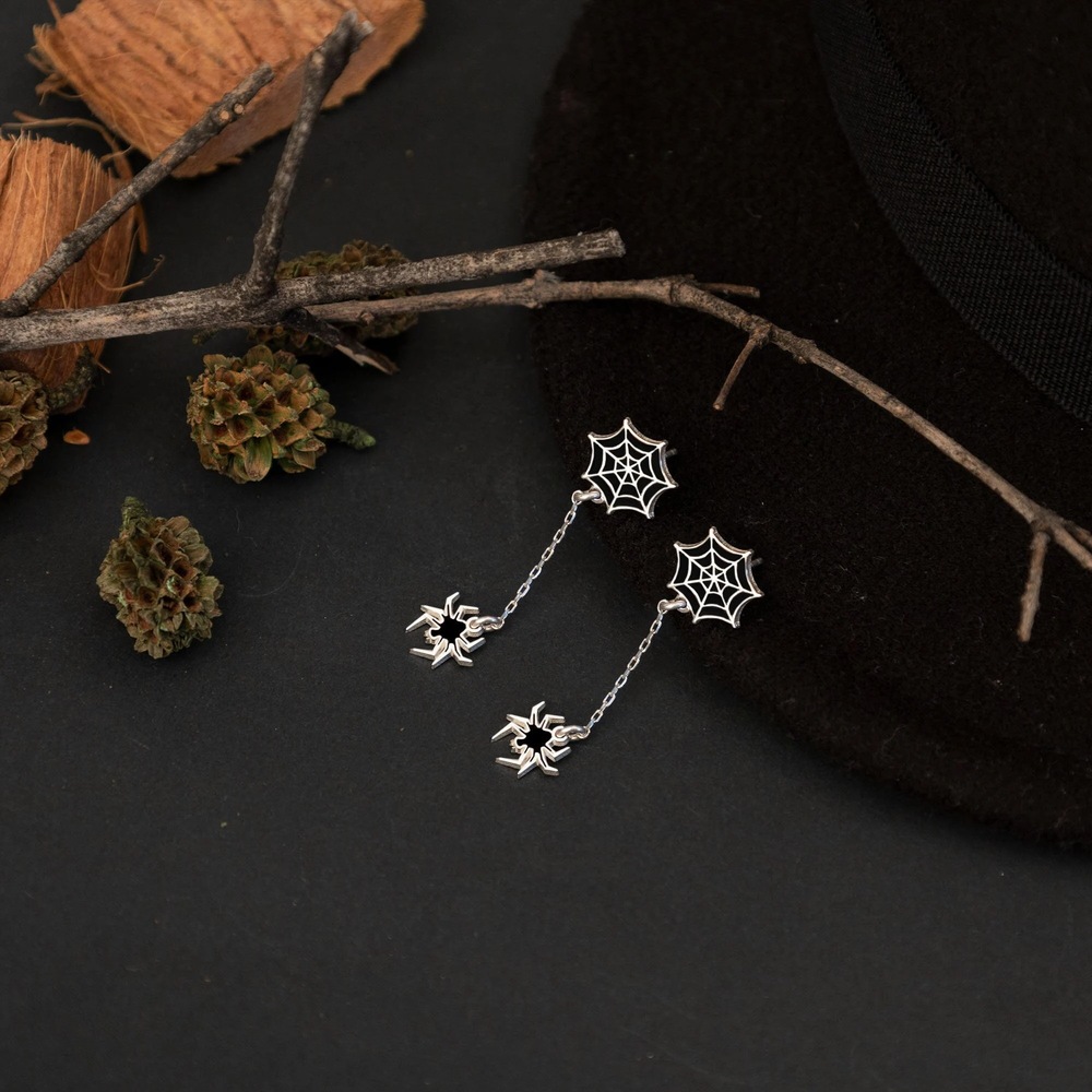 Spider Web 925 Sterling Silver Drop Earrings Gothic Halloween Jewelry for Women