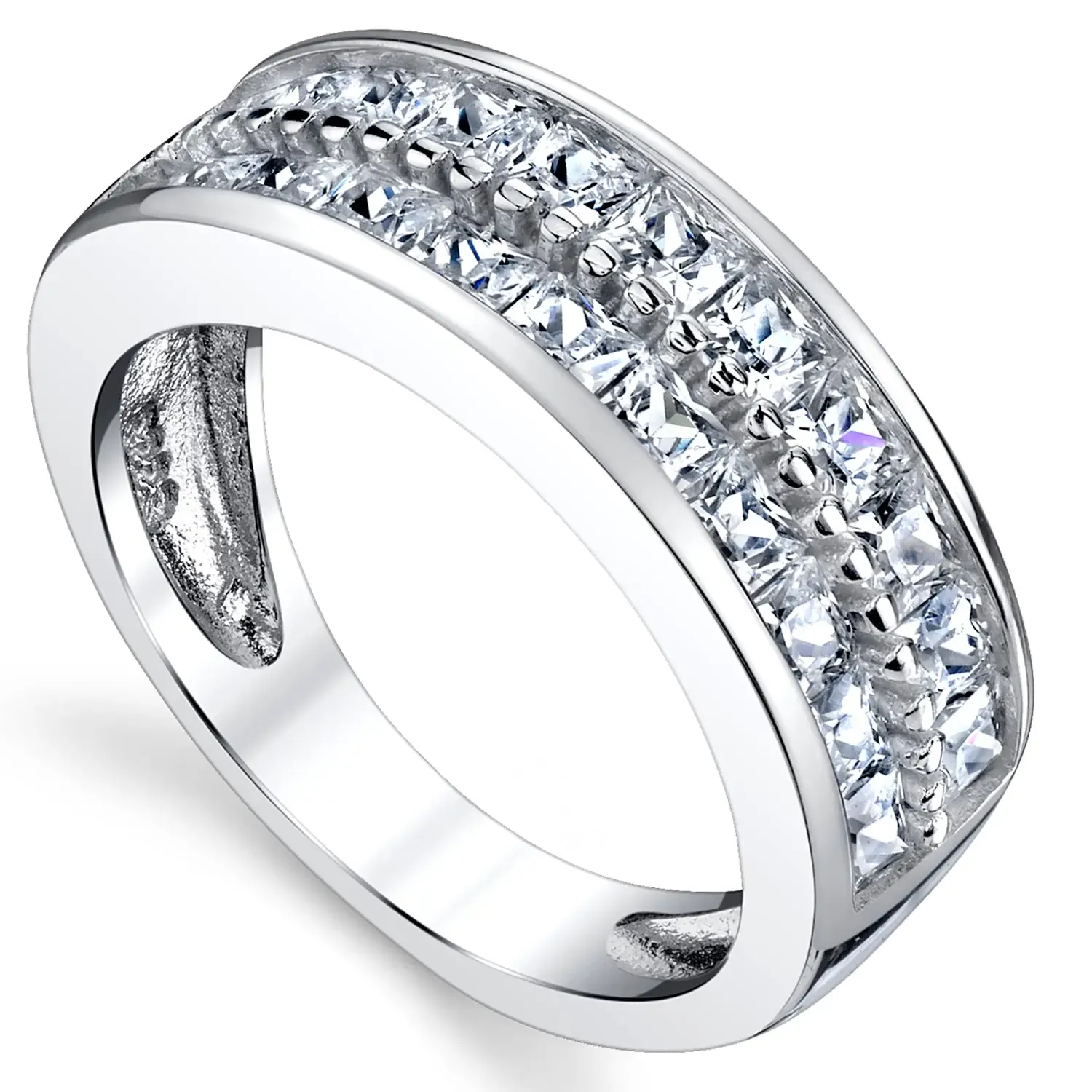 Princess Cut Diamond White 925 Sterling Silver Men's Two-Row Wedding Band