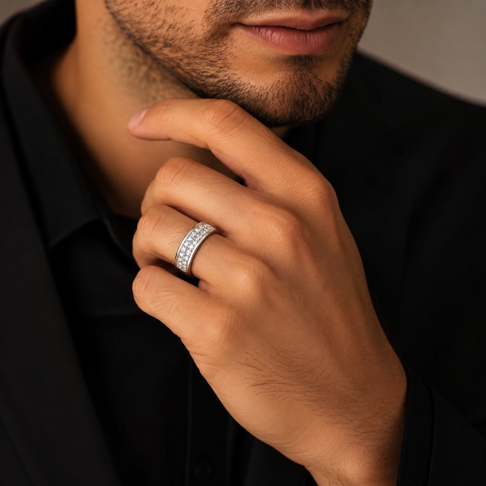 Princess Cut Diamond White 925 Sterling Silver Men's Two-Row Wedding Band