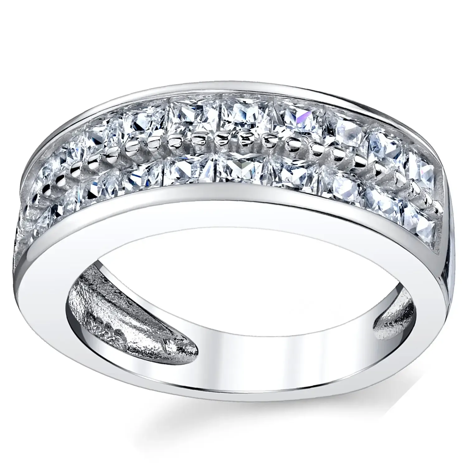 Princess Cut Diamond White 925 Sterling Silver Men's Two-Row Wedding Band