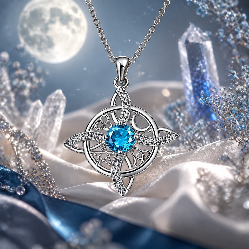Mystical Pentacle Birthstone 925 Sterling Silver Celtic Witch Knot Amulet Pendant Necklace