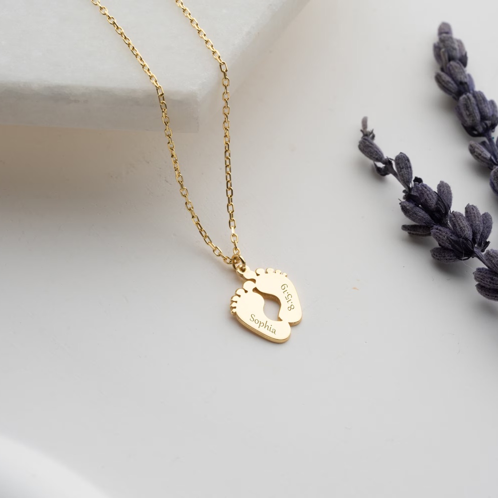 Personalized Engraved Name Birthday Baby Feet Pendant 925 Sterling Silver Necklace