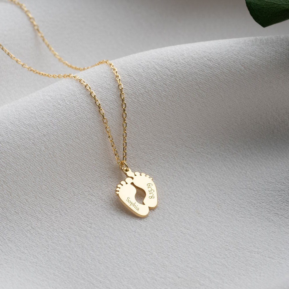 Personalized Engraved Name Birthday Baby Feet Pendant 925 Sterling Silver Necklace