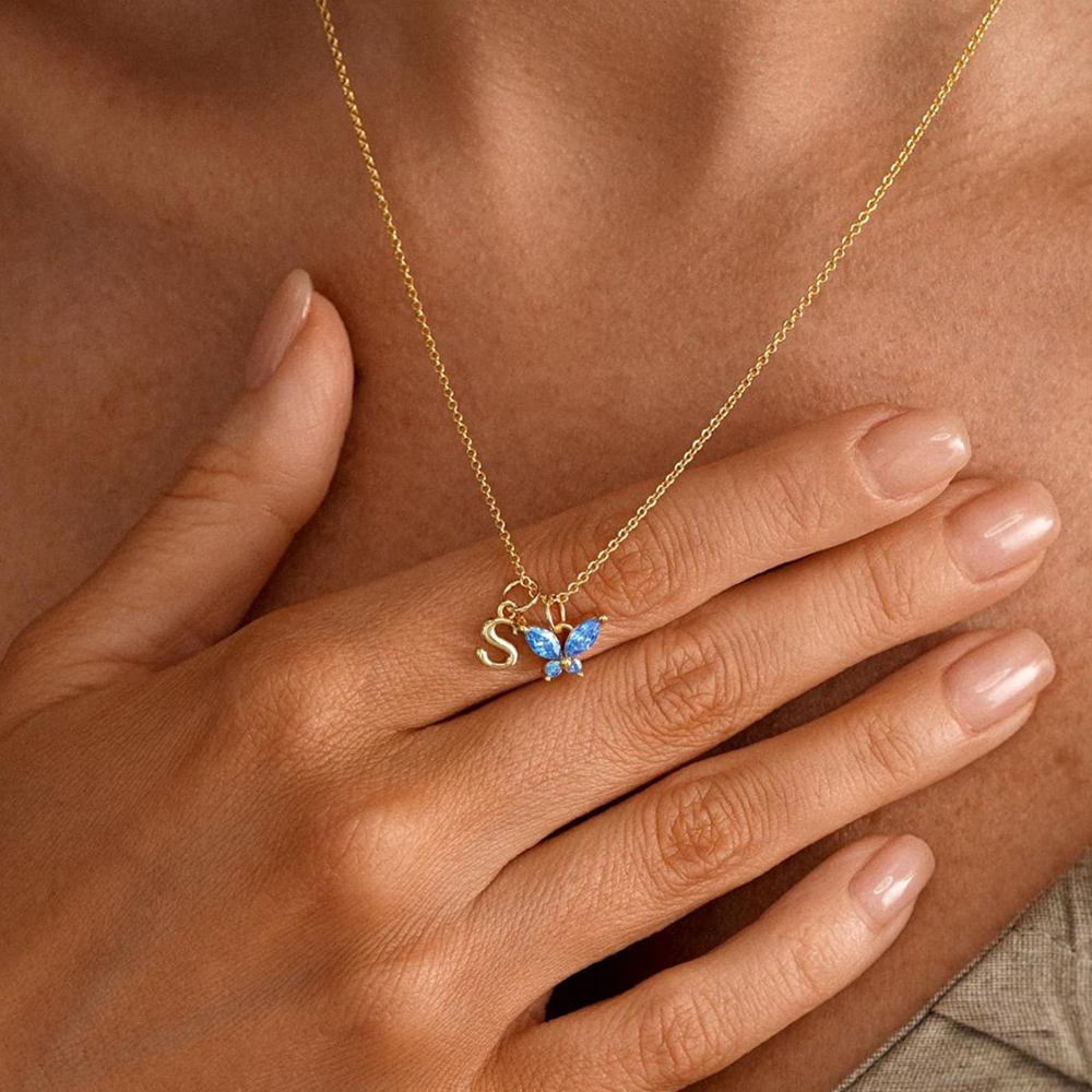 Minimalist Butterfly Birthstone Initial Necklace 925 Sterling Silver Necklace Gift for Her