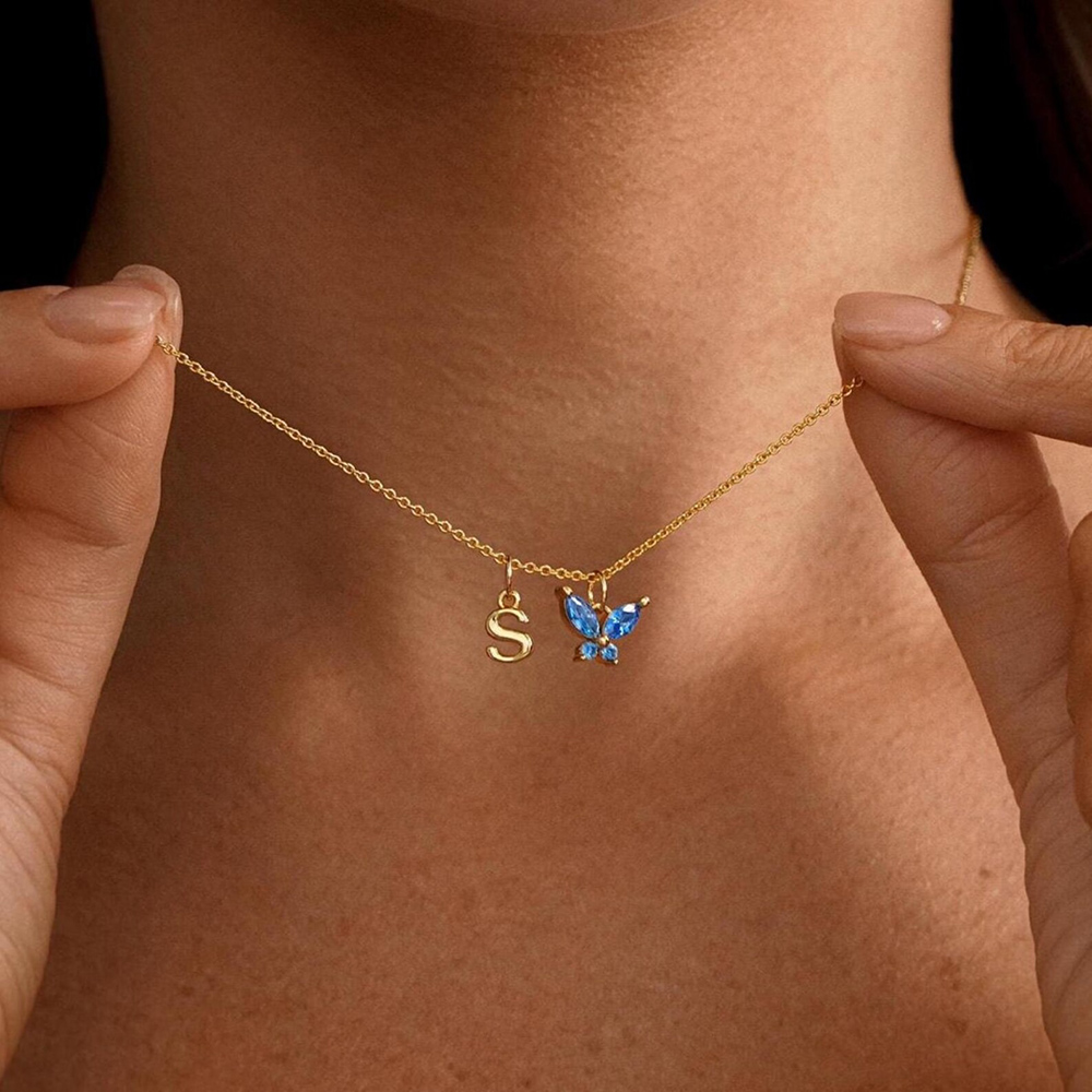 Minimalist Butterfly Birthstone Initial Necklace 925 Sterling Silver Necklace Gift for Her