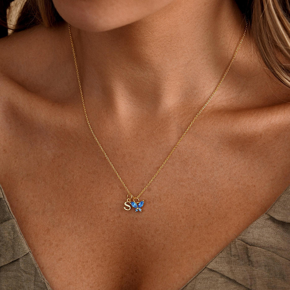 Minimalist Butterfly Birthstone Initial Necklace 925 Sterling Silver Necklace Gift for Her