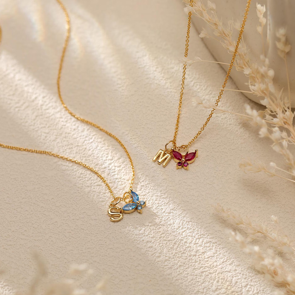 Minimalist Butterfly Birthstone Initial Necklace 925 Sterling Silver Necklace Gift for Her