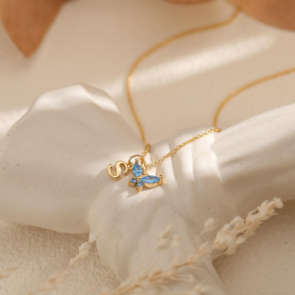 Minimalist Butterfly Birthstone Initial Necklace 925 Sterling Silver Necklace Gift for Her