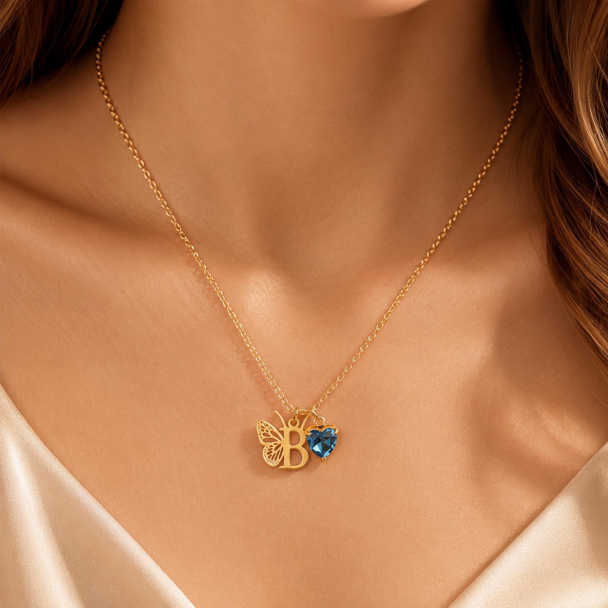 Personalized Butterfly Initial Birthstone Necklace 925 Sterling Silver Pendant Necklace Birthday Gift for Her