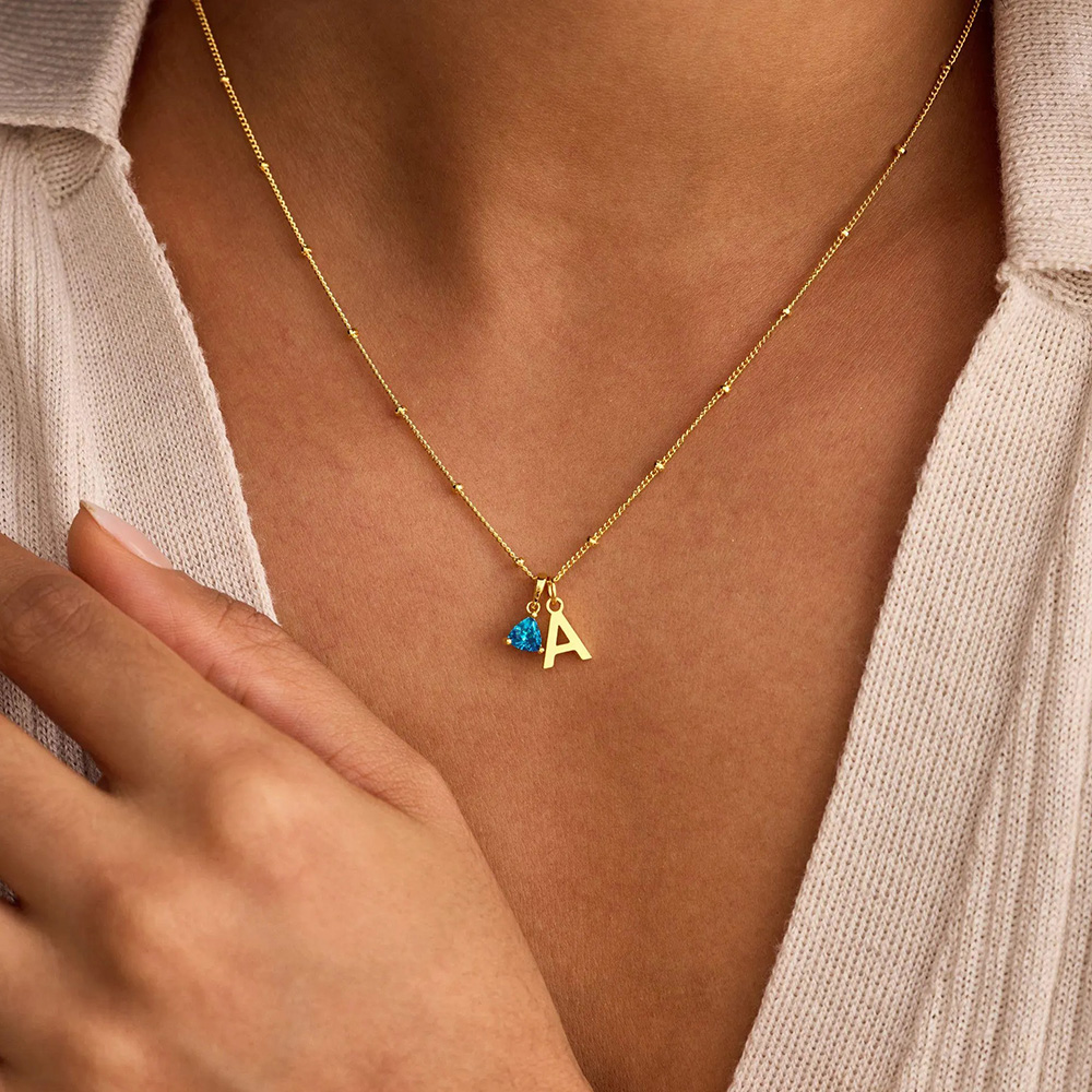 Personalized Birthstone Initial Necklace with Satellite Chain 925 Sterling Silver Pendant Necklace