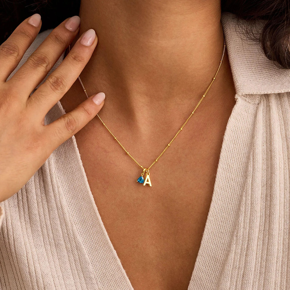 Personalized Birthstone Initial Necklace with Satellite Chain 925 Sterling Silver Pendant Necklace