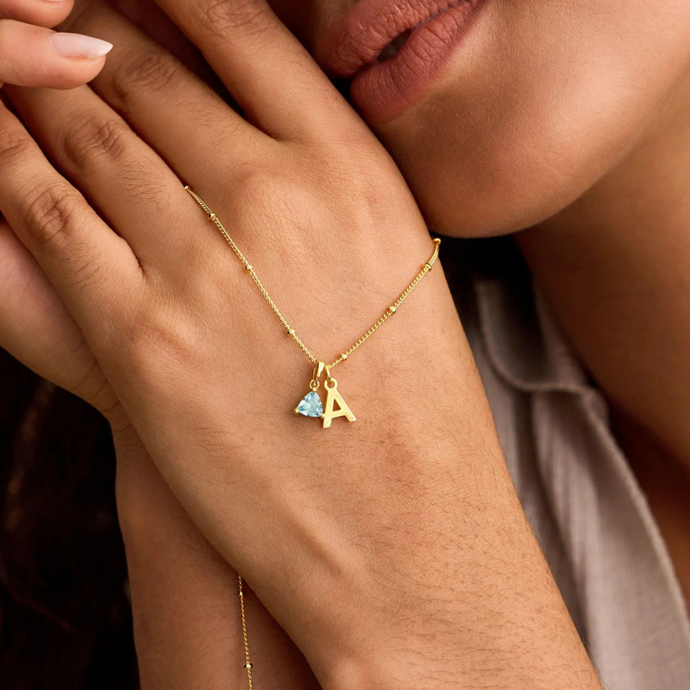 Personalized Birthstone Initial Necklace with Satellite Chain 925 Sterling Silver Pendant Necklace