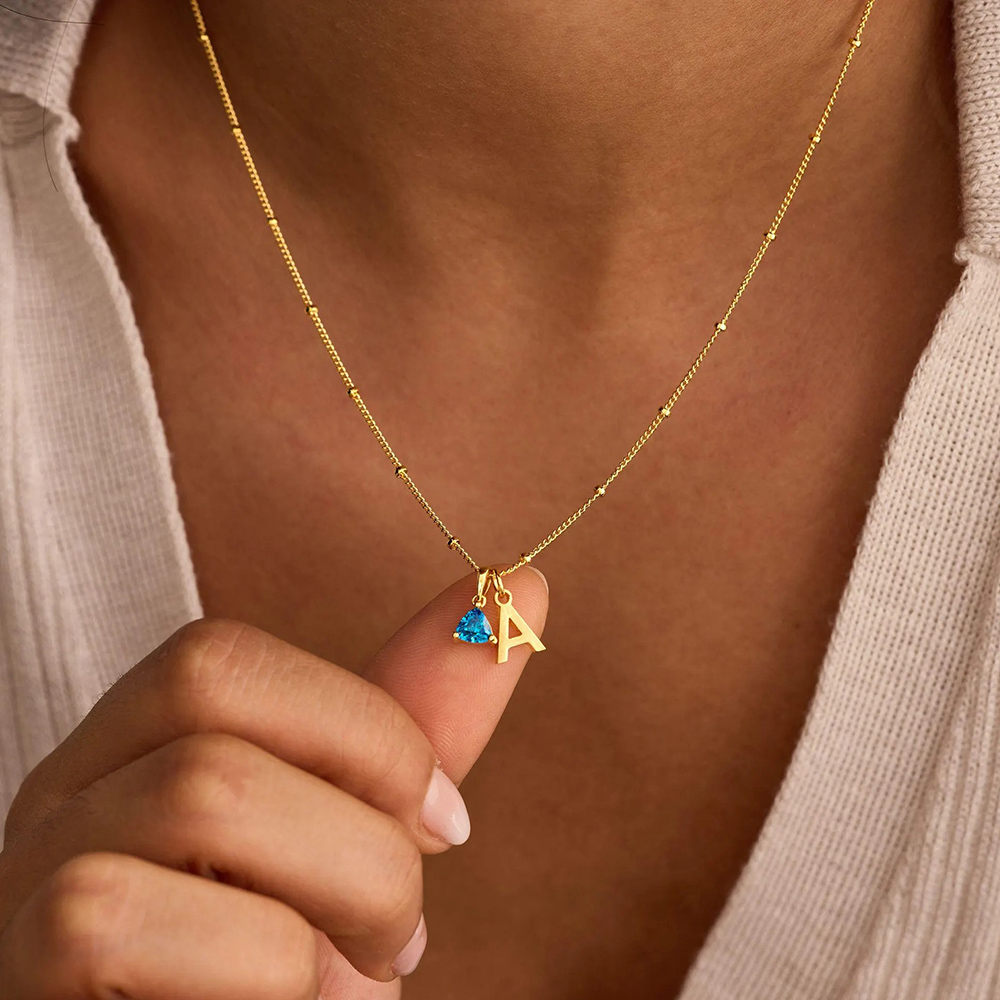 Personalized Birthstone Initial Necklace with Satellite Chain 925 Sterling Silver Pendant Necklace