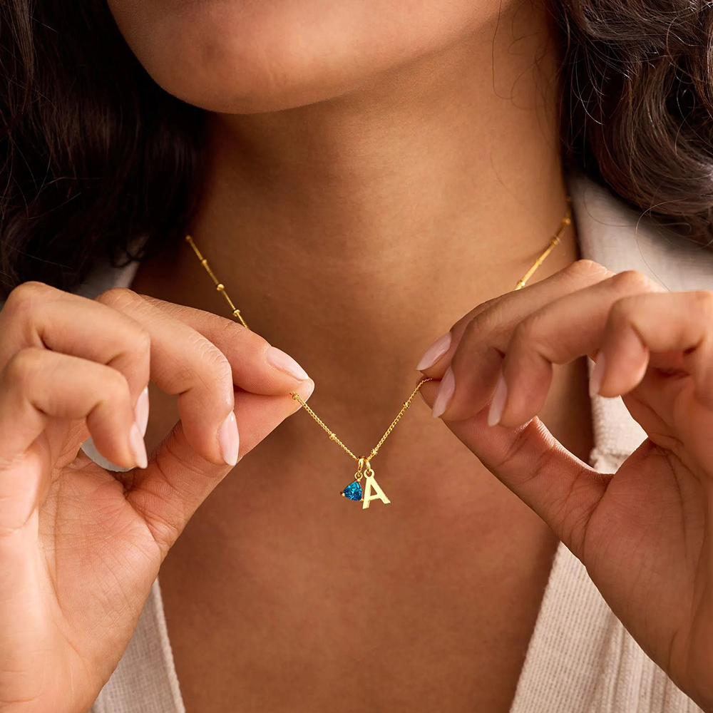 Personalized Birthstone Initial Necklace with Satellite Chain 925 Sterling Silver Pendant Necklace